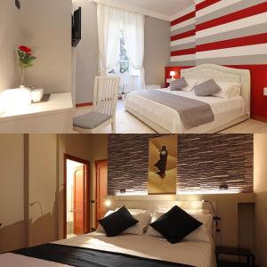 duas fotografias de um quarto com uma cama e uma bandeira americana em Olafo’s house em Roma