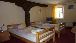 two twin beds in a room with a tv at Altstadt Pension Hafenblick in Stralsund