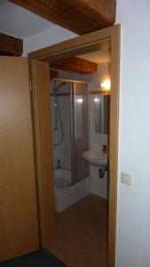 a bathroom with a shower and a sink at Altstadt Pension Hafenblick in Stralsund