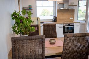 a kitchen with a table and two chairs and a plant at Gästehaus hygge in Nübbel