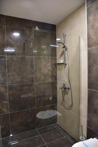 Hotel Makpetrol Struga في ستروغا: دش مع باب زجاجي في الحمام