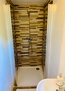 y baño con ducha y pared de madera. en Chalupa na Horce, en Blata