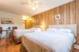 two beds in a hotel room with wooden walls at Lake City Motel in Halifax