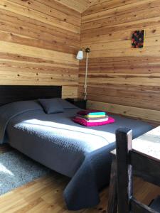 リストヴャンカにあるBaykalskaya Taiga Guesthouseの木製の壁のドミトリールームのベッド1台分です。