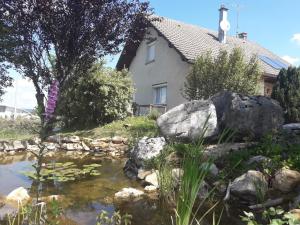 una casa y un estanque frente a una casa en Chambre d'hôtes Comme une évidence en Clairvaux-les-Lacs