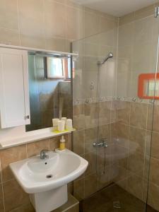 y baño con lavabo y ducha. en Self-Check Apartment Lilia 3 next ot 24 hours food and drink shop and free parking area en Sofía