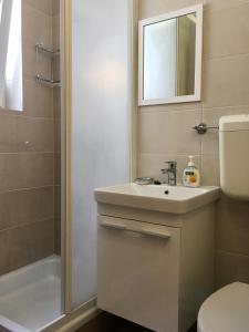 a bathroom with a sink and a shower and a toilet at Apartment Nada in Rab