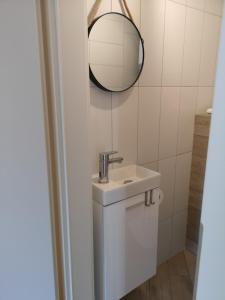 a bathroom with a white sink and a mirror at Apartment Gervais Rijeka in Rijeka