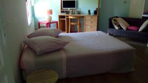 1 dormitorio con cama con almohadas y escritorio en Les Barrerres, en Hontanx