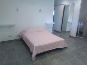 een slaapkamer met een bed met een roze deken bij gite de Jade in Montaigu-de-Quercy