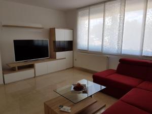 salon z czerwoną kanapą i telewizorem w obiekcie Apartman Ivana w mieście Porat