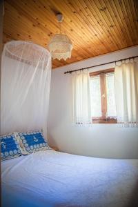 a bedroom with a bed with a mosquito net at Estate Irene in Alexandroupoli