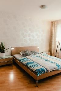 ein Schlafzimmer mit einem Bett und einer Topfpflanze in der Unterkunft Old Town Apartment Pellicova in Brünn