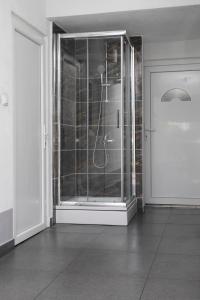 a shower in a room with a glass door at Apartments Stara Baska in Stara Baška