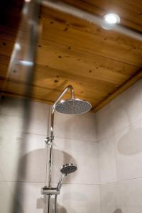 een badkamer met een douche en een houten plafond bij Nant Morzine in Morzine