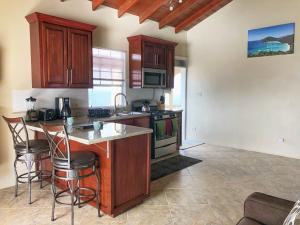 a kitchen with a counter and a stove top oven at Ocean View Villas in Jost Van Dyke