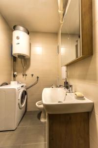 a bathroom with a sink and a washing machine at La Vecchia Signora APARTMENT in Skopje