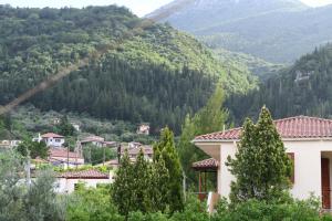 uma vista para uma aldeia com uma montanha em Art Flowers and Culture em Mistras