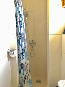 prysznic z niebiesko-białą zasłoną prysznicową w obiekcie Apartment Pepa Starigrad Paklenica w mieście Starigrad-Paklenica +15 zdjęć