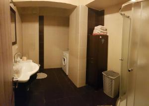 La salle de bains est pourvue d'un lavabo et de toilettes. dans l'établissement Panorama Apartament Plaza Tower, à Satu Mare