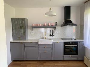a kitchen with gray cabinets and a sink at Apartment Bandaron in Kobarid