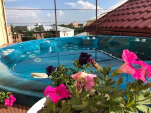 uma planta com flores em frente a uma piscina em Scandik Apartment Terrace em Poltava