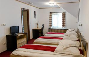 a hotel room with three beds and a television at Pensiunea Komodo in Pecica Veche
