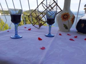 two glasses of red wine on a table with a vase at Apartmani Marija Mljet in Sobra