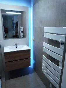 een badkamer met een wastafel en een spiegel bij bel Appartement les pieds dans l'eau in Villeneuve-Loubet