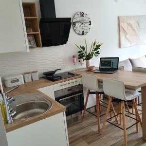 a kitchen with a table with a laptop on it at Apartment Magic in Stinica +22 photos