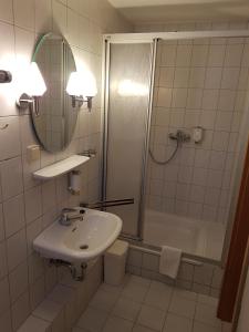 een badkamer met een wastafel, een douche en een spiegel bij Hotel Landgut Ochsenkopf in Rotta