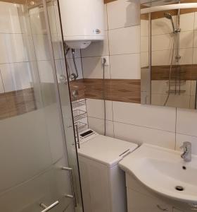 een kleine badkamer met een wastafel en een douche bij Apartment Bike Corner in Zadar