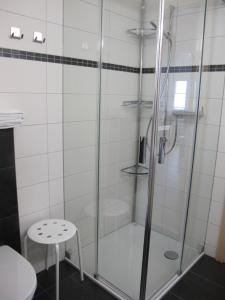 a shower with a glass door and a stool in a bathroom at am Bärgbach DG in Bettmeralp