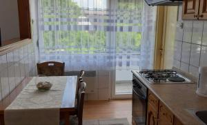 a kitchen with a table and a stove and a window at Apartment Ivana in Gospić