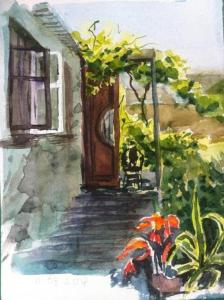 a painting of a house with a door and flowers at Homestay Izolda in Batumi