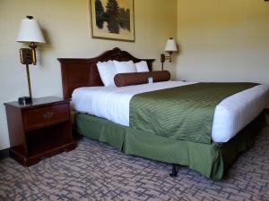 a hotel room with a large bed and a night stand at Boarders Inn & Suites by Cobblestone Hotels - Shawano in Shawano