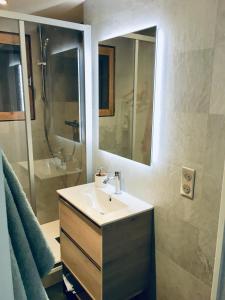 uma casa de banho com um lavatório, um espelho e um chuveiro em Appartement cosy et chaleureux à Megève avec vue sur le Mont Blanc em Demi-Quartier