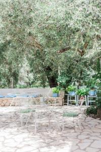 a group of chairs and tables under a tree at Afroditi Pansion in Agios Nikitas