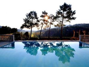 a swimming pool with a reflection of trees in the water at Hotel Villa Casanova in Lucca