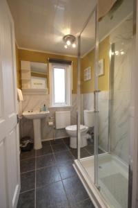 uma casa de banho com um chuveiro, um WC e um lavatório. em Arrandale em Inverness