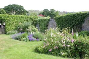 a garden with flowers and a stone wall at Anick Grange Farm B&B in Hexham