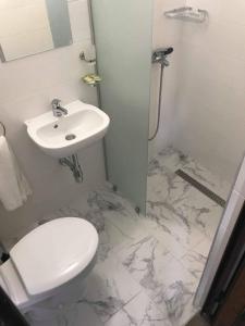 a bathroom with a white toilet and a sink at Villa Milev in Kranevo