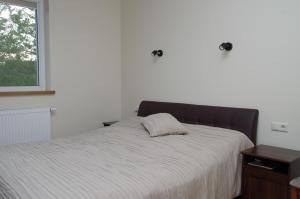 Jurates Villa في بالانغا: غرفة نوم عليها سرير ومخدة