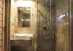 a bathroom with a sink and a shower at Apartament Hrabiego Centrum in Zakopane