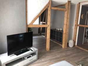 ein Wohnzimmer mit einem Flachbild-TV auf einem Stand in der Unterkunft Fewo-Am-Hahnenberg in Goslar
