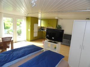 uma sala de estar com uma televisão de ecrã plano e uma cozinha em Chill and Adventure em Ersigen