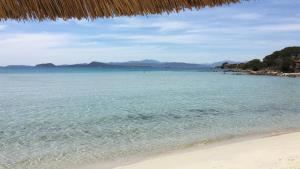 a beach with the ocean and a straw umbrella at Villa BOREA in Golfo Aranci