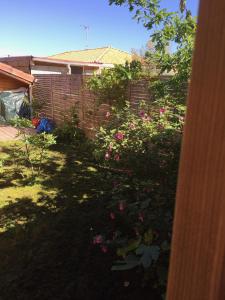 a garden with pink flowers and a fence at agréableT2 in Soustons