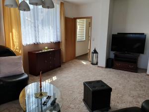 a living room with a couch and a television at Fuchsbaude in Allrode