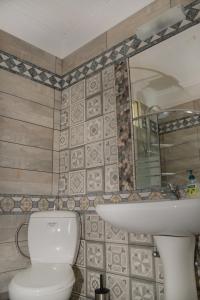 een badkamer met een toilet, een wastafel en een spiegel bij Sarakiniko villa with private pool in Póros